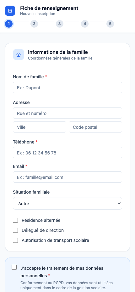Formulaire d'inscription famille sur mobile
